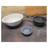 2 enamel bowls & pan