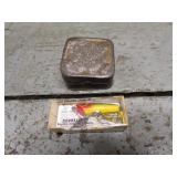 sputterbug fishing lure w/box & old powder tin