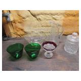 glass pitcher,covered dish.green bowls & glassware