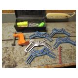 clamps & toolbox w/items