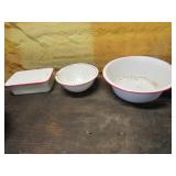 white enamel strainer,bowl & covered dish