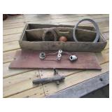 old wood carrier,tap,horse shoe & items