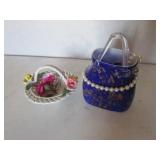 blue glass purse & capodamonte bowl