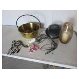 brass bucket,radio,vase,wall hanging,items