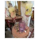 purple crystal vase & 2 glass candlesticks