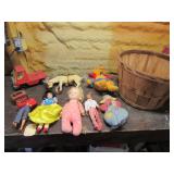 toys incl:tin shine kit,dolls,truck & items&basket