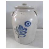 #2 blue decorated stoneware crock w/lid