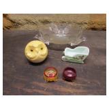 glass bird bowl,glass owl head,glass sleigh,dips