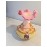 fenton glass burmese hand painted vase w/deer