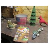 old cardinal,christmas tree,flag bucket,frog item