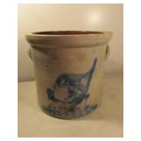 #3 blue decorated pecking hen salt glaze crock