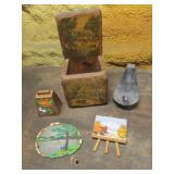 wall shelf,cow bell,candleholder & items