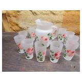 glass floral pitcher w/glasses