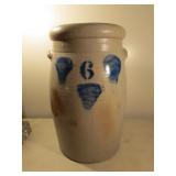 #6 blue decorated stoneware crock churn