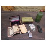 rolling rock bottle,empty benrus watch box & items