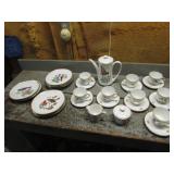 bird china plates,teapot,cups/saucers,cream/sugar