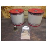 2 old metal canisters,advertising clipboard & item