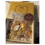 mixed tokens & coins w/cigar box