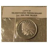 1 oz  .999 fine silver indian silver towne round