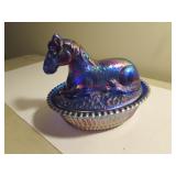 joe st.clair carnival glass horse covered dish