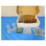 amber bottles,ashtrays & crystal candleholders