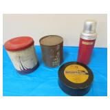 old tins incl:moonshine kisses & old thermos