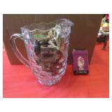 fostoria glass pitcher & advertising matches