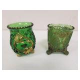 2 victorian green glass spooners