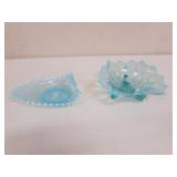 2 blue glass dishes