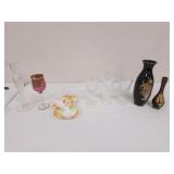 spoon rest,stem glasses & 2 vases