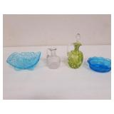 2 cruets & 2 blue dishes