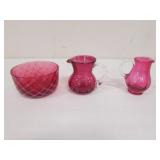 2 cranberry pitchers & dish