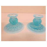 fenton blue hobnail candleholders