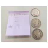 1900,1902 & 1909 silver barber half dollars