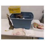 tote,lamp,linens,empty fireking box & items