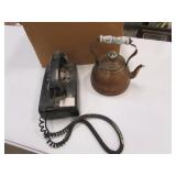 old phone & copper teapot