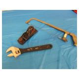small wooden plane,adj. wrench & saw