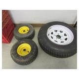 trailer tire & 2 mower tires