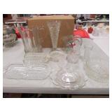 glass pitchers,vase,butter dish & glassware
