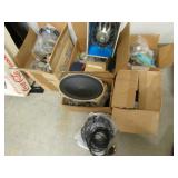 boxes of speakers & items