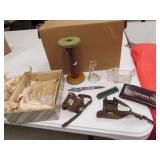 spool,shoe spikes,candy telephone & items