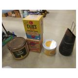 coal bucket,potato chip boxes & advertising tins