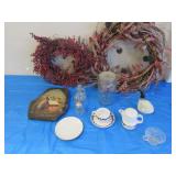 wreathes,dishes,jar,wall hanging,avon pipe,items
