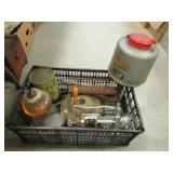 woodland water jug,adv. cans,oil lamp,items