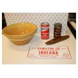 old bowl,adv. cans,Indiana plate & item