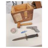 bayonet,toy gun,pin,caps,wood box
