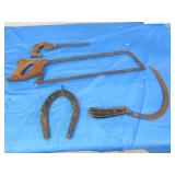 saws,hanging horse shoe & blue grass hand scythe