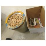 pretzel can,comic books,paper goods