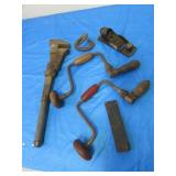 hand drill,pipe wrench,wooden plane,items