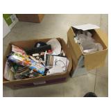 box of items & 2 chimneys